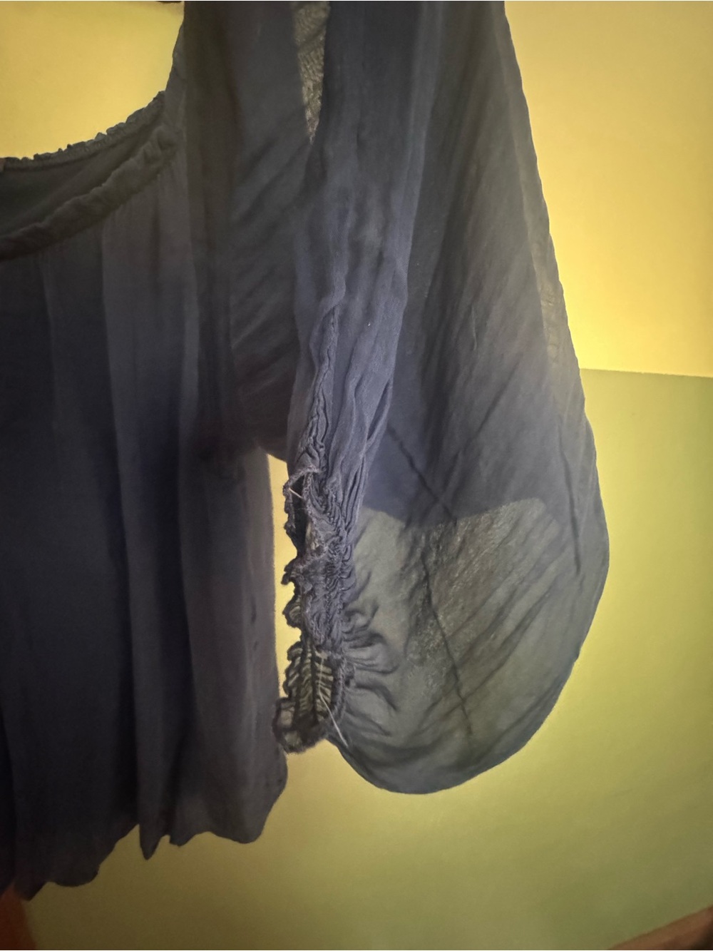 Flowy Navy Peasant silk Blouse with Button Front - Picture 5 of 7